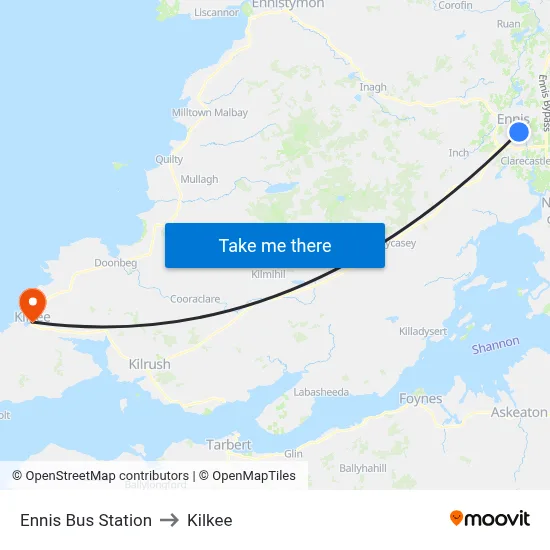Ennis Bus Station to Kilkee map