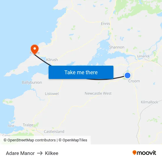 Adare Manor to Kilkee map