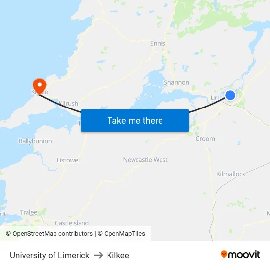University of Limerick to Kilkee map