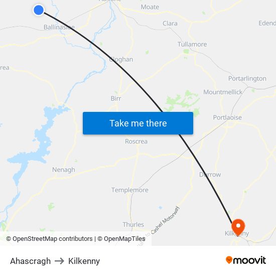 Ahascragh to Kilkenny map