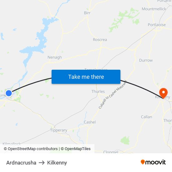 Ardnacrusha to Kilkenny map