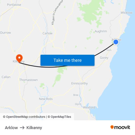 Arklow to Kilkenny map