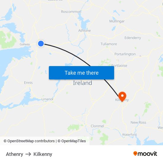 Athenry to Kilkenny map
