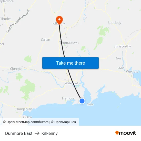 Dunmore East to Kilkenny map