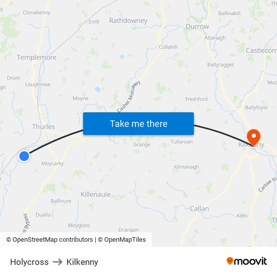 Holycross to Kilkenny map