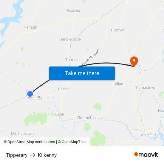 Tipperary to Kilkenny map