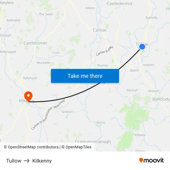Tullow to Kilkenny map