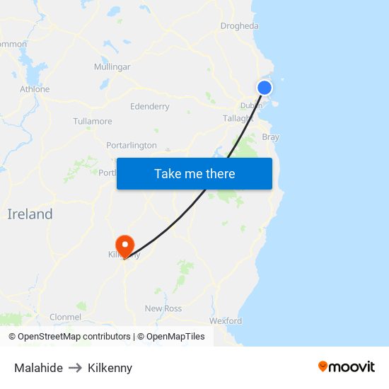 Malahide to Kilkenny map