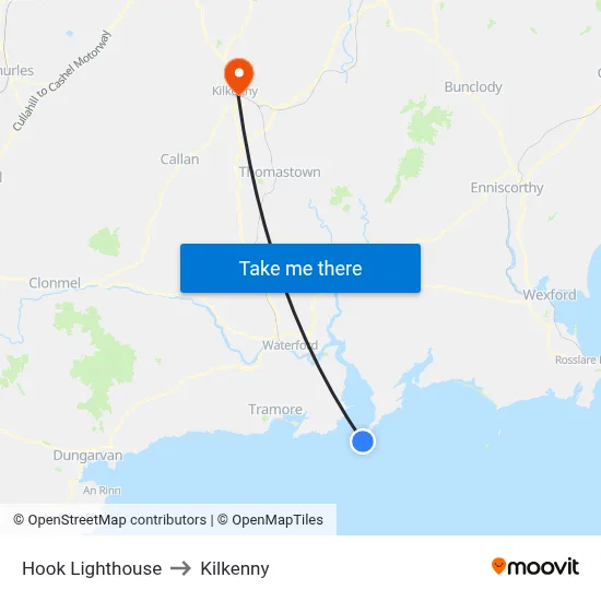 Hook Lighthouse to Kilkenny map