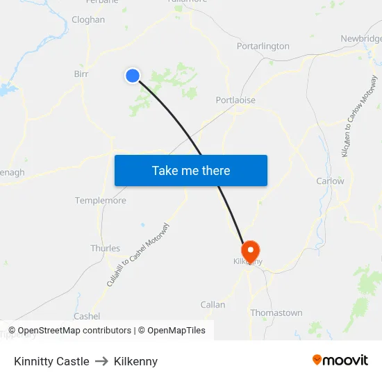 Kinnitty Castle to Kilkenny map