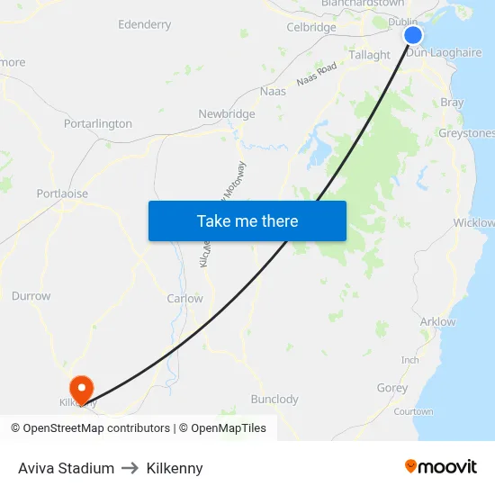 Aviva Stadium to Kilkenny map