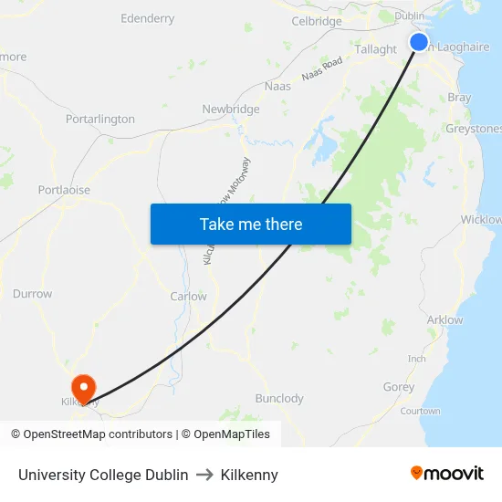 University College Dublin to Kilkenny map