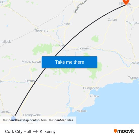 Cork City Hall to Kilkenny map