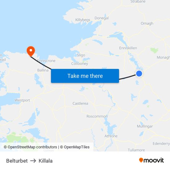 Belturbet to Killala map
