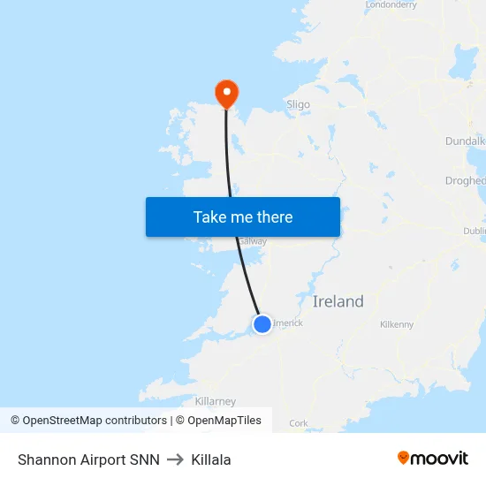 Shannon Airport SNN to Killala map