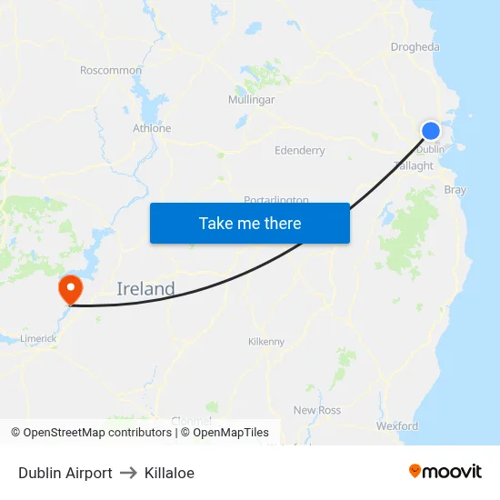 Dublin Airport to Killaloe map