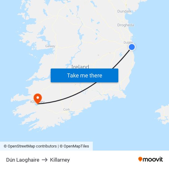 Dún Laoghaire to Killarney map