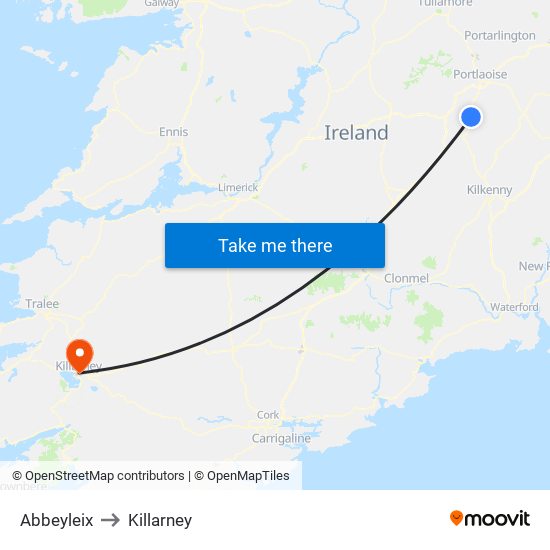 Abbeyleix to Killarney map