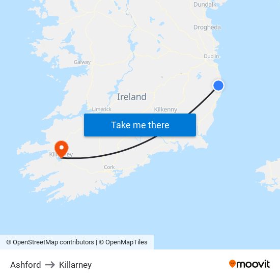 Ashford to Killarney map