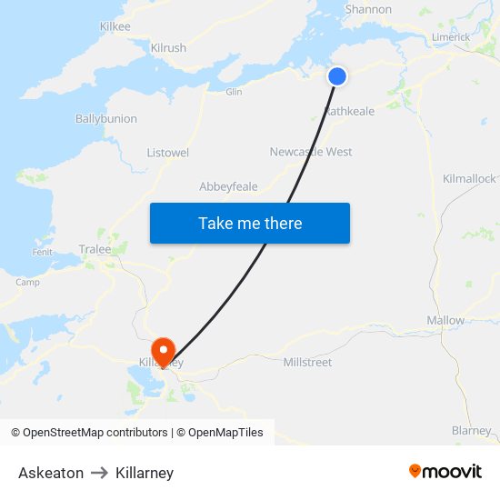 Askeaton to Killarney map