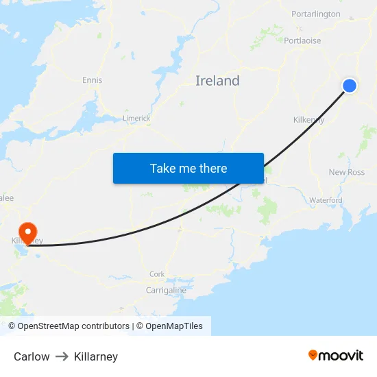 Carlow to Killarney map