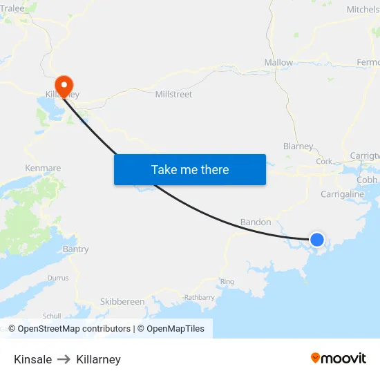 Kinsale to Killarney map