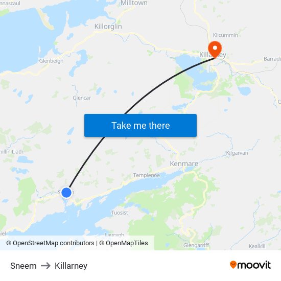 Sneem to Killarney map