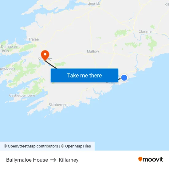 Ballymaloe House to Killarney map