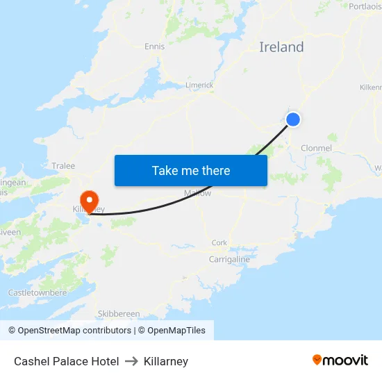 Cashel Palace Hotel to Killarney map