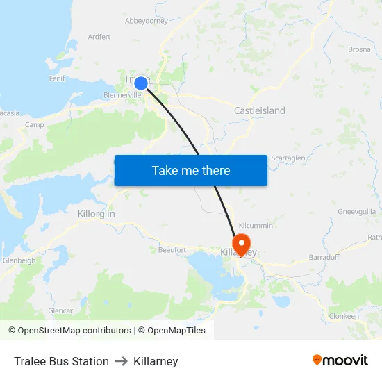 Tralee Bus Station to Killarney map