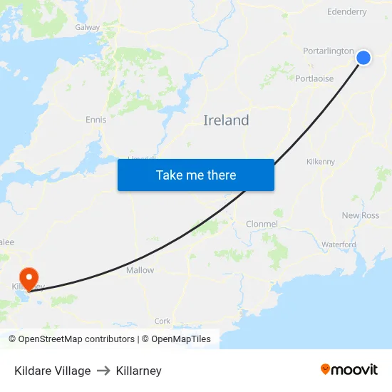 Kildare Village to Killarney map