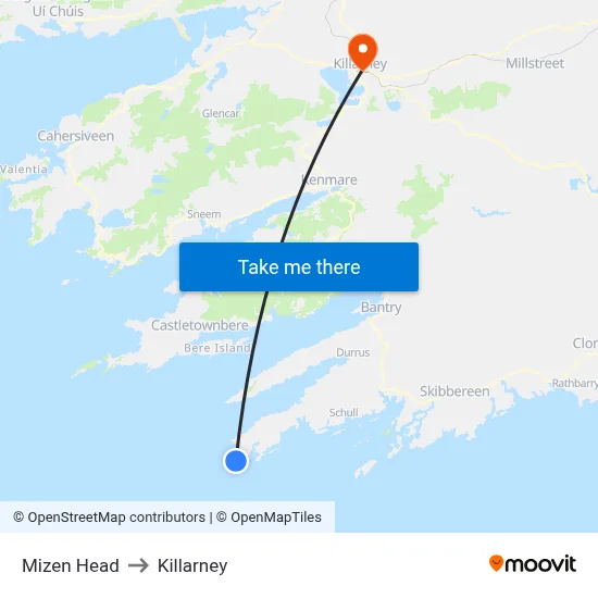 Mizen Head to Killarney map