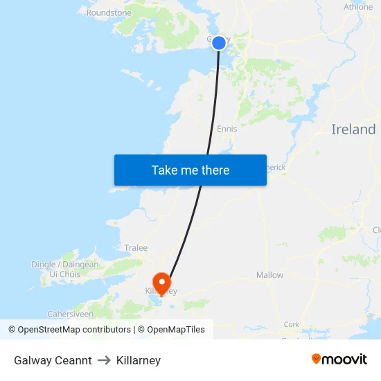 Galway Ceannt to Killarney map
