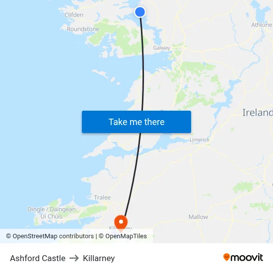 Ashford Castle to Killarney map