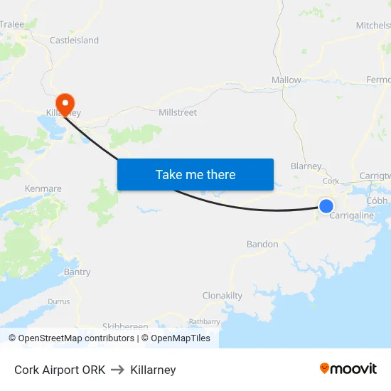 Cork Airport ORK to Killarney map