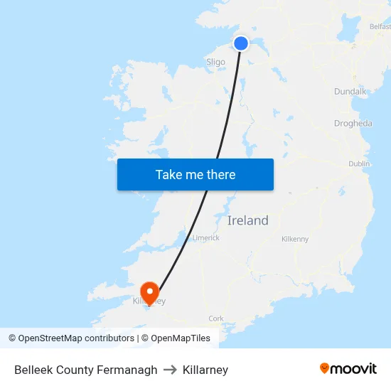 Belleek County Fermanagh to Killarney map