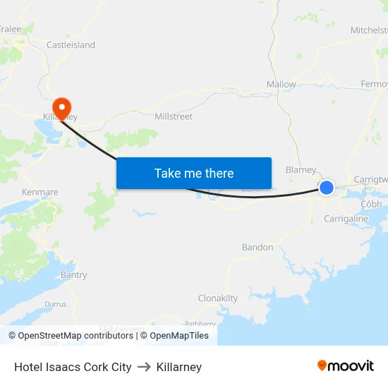 Hotel Isaacs Cork City to Killarney map
