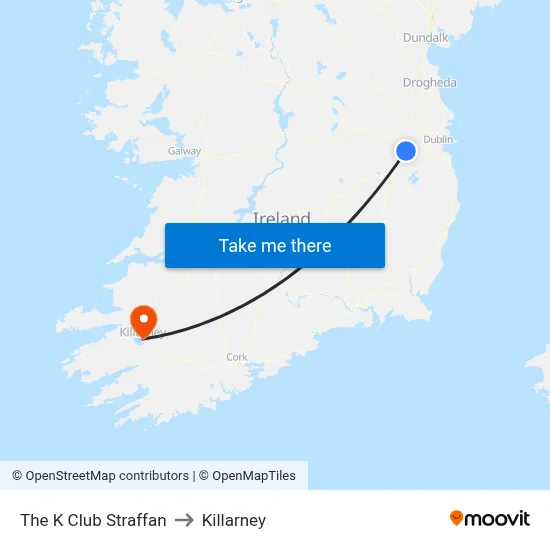 The K Club Straffan to Killarney map