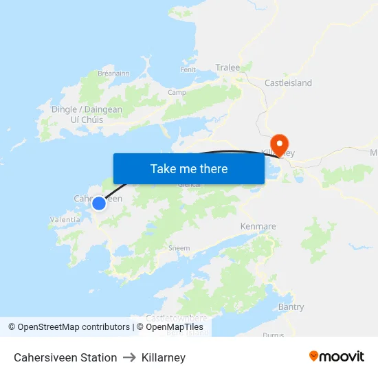 Cahersiveen Station to Killarney map