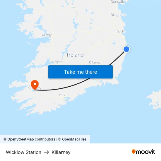Wicklow Station to Killarney map