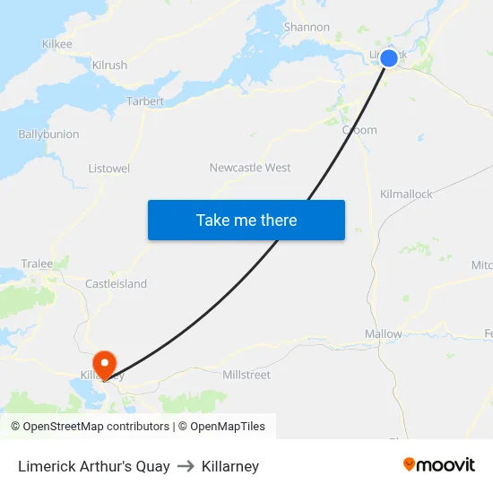 Limerick Arthur's Quay to Killarney map