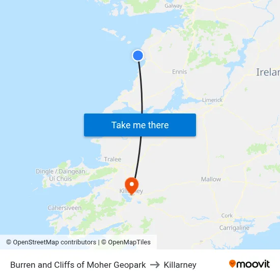 Burren and Cliffs of Moher Geopark to Killarney map