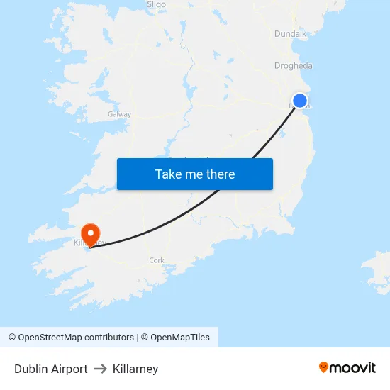 Dublin Airport to Killarney map