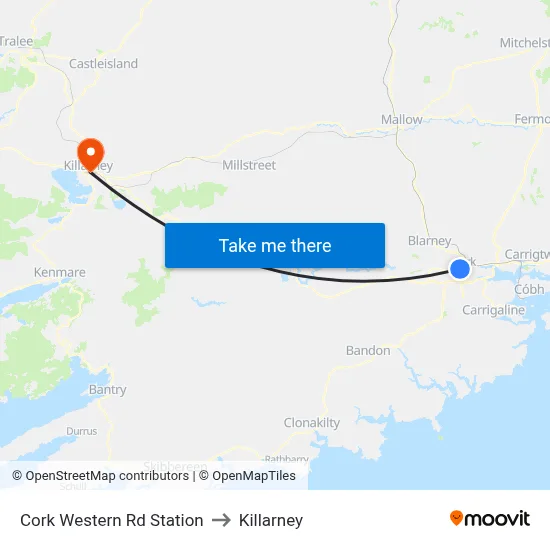 Cork Western Rd Station to Killarney map
