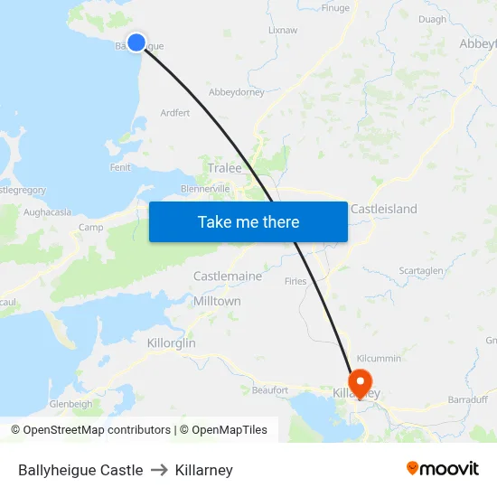 Ballyheigue Castle to Killarney map