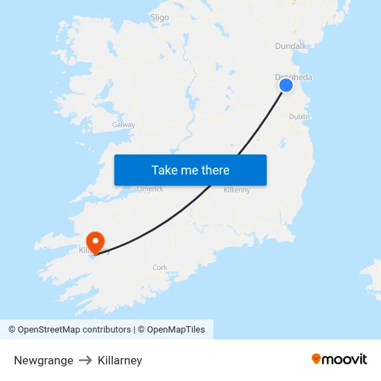 Newgrange to Killarney map