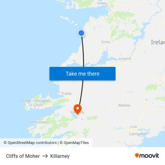 Cliffs of Moher to Killarney map