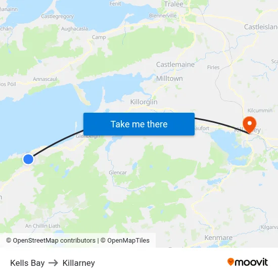 Kells Bay to Killarney map