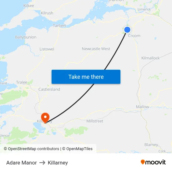Adare Manor to Killarney map