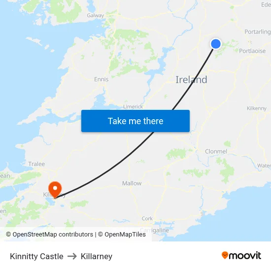 Kinnitty Castle to Killarney map
